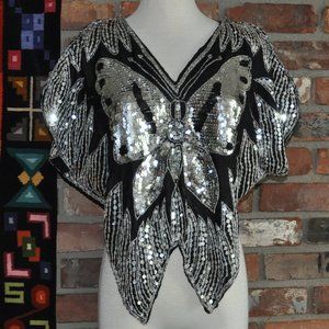 Vintage 80s Black 100% Silk Silver Metallic Sequin Butterfly Disco Top Blouse